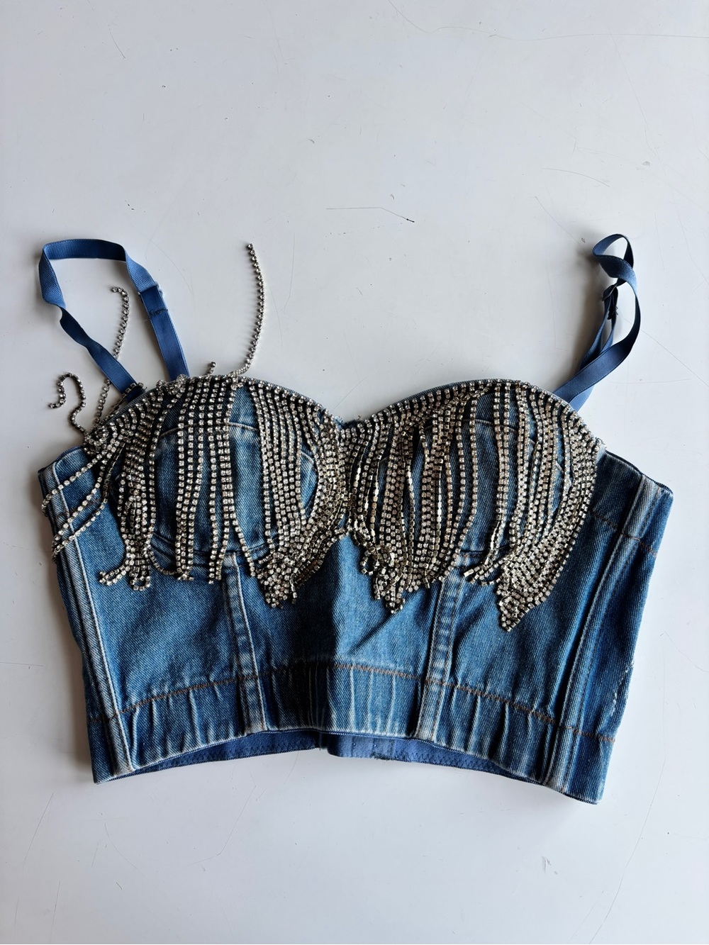 Embellished Denim Bustier Crop Top - Blue